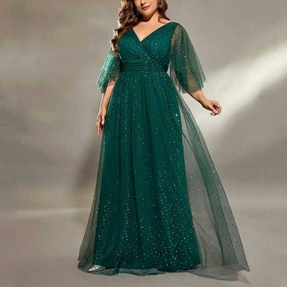 Taylonsss Womens Plus Size Evening Dress V Neck Short Sleeve Elegant Green Formal Party Gown