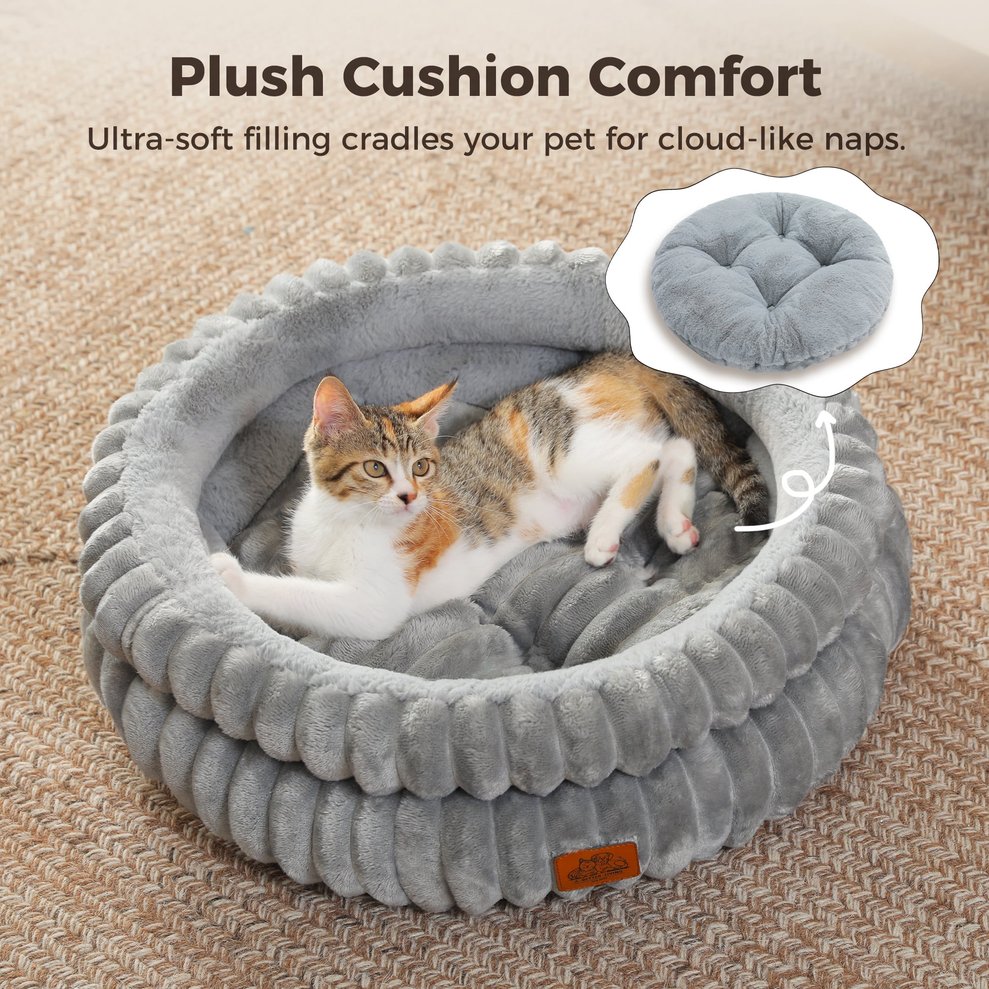 PAWZ Road 24" Cat Bed Soft Plush Kitten Bed Washable Round Pet Bed for Indoor Cats and Puppy, Gray