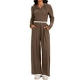 thumbnail image 1 of Conjuntos de dos piezas ATHLECHIC para mujeres, sudadera recortada de punto acanalado con medio botón y pantalones de pierna ancha, conjuntos de lounge casuales S Coffee, 1 of 4