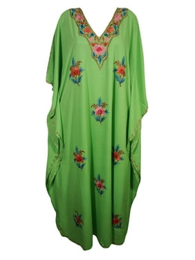 Mogul Womens Green Kimono Kaftan Dress Beautiful Hand Embroidered Stylish Maxi Long Caftan One Size