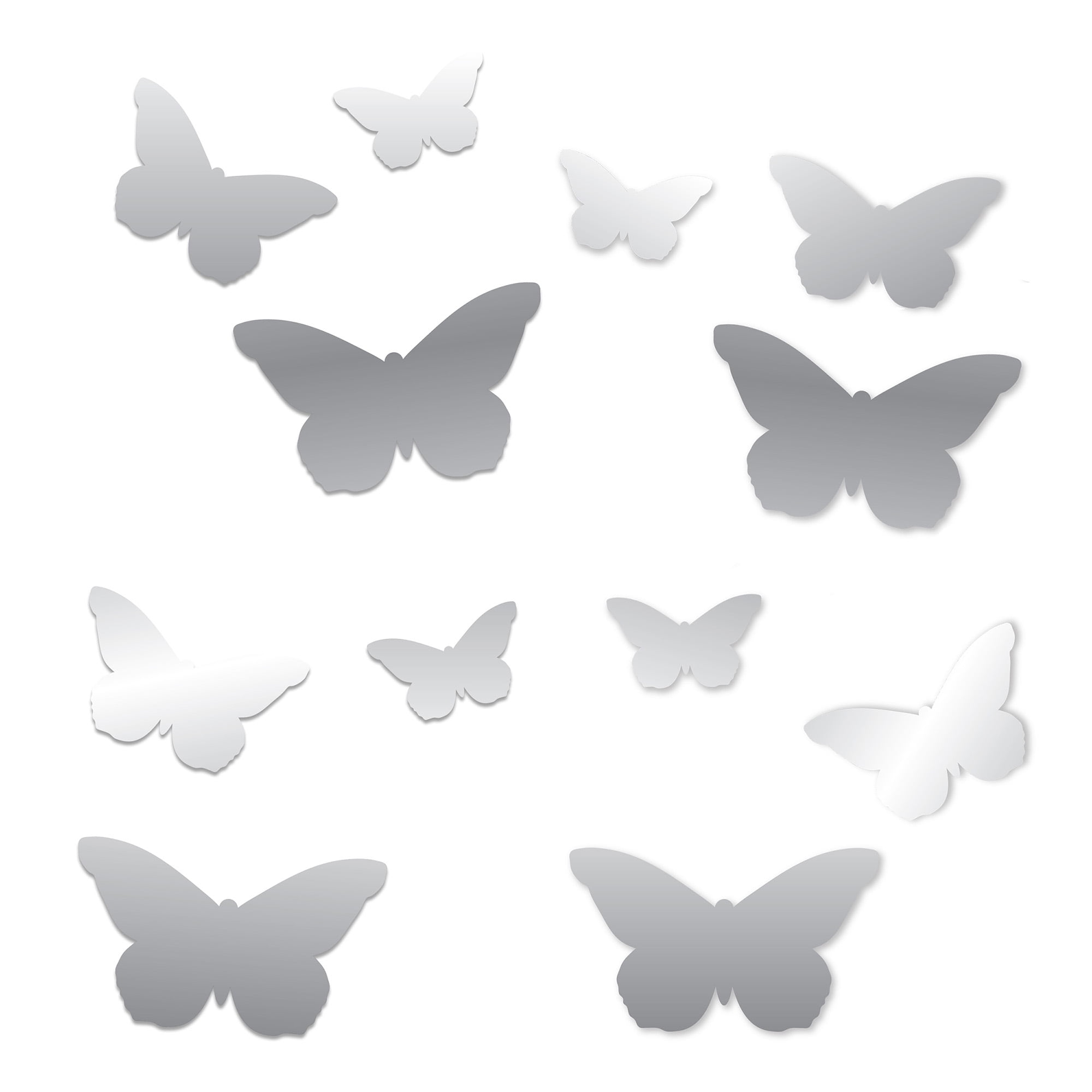 Blue Moon Studio 12Pc Peel and Stick Self-Adhesive Silver Butterfly Wall Mirror Decals