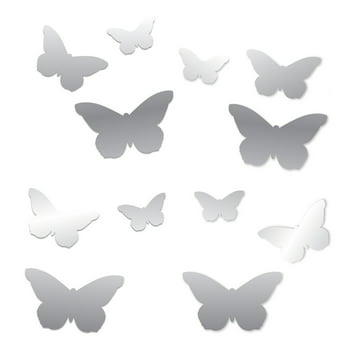 Blue Moon Studio 12Pc Peel and Stick Self-Adhesive Silver Butterfly Wall Mirror Decals