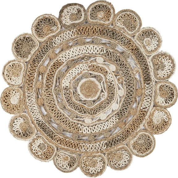 Ox Bay Cora 4' Round Beige and Brown Braided Circles Jute Indoor Area Rug