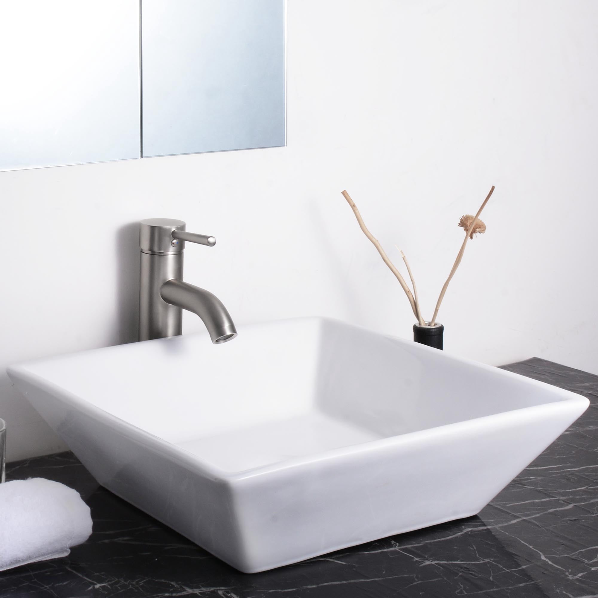 Aquaterior 16" Square Porcelain Bathroom Vessel Sink Bowl Ceramic Basin with Chrome Drain White