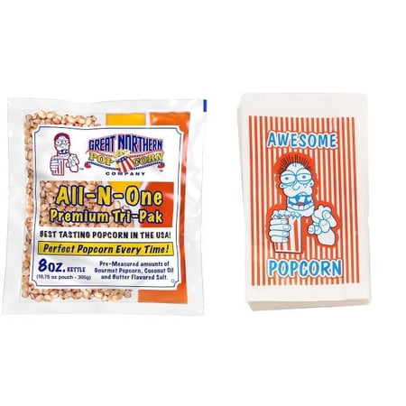 8oz Popcorn Packs and 100 Popcorn Bags – 40 Pre-Measured, All-in-One Kernels, Salt, Oil Packets for Popcorn Machines by Great Northern Popcorn