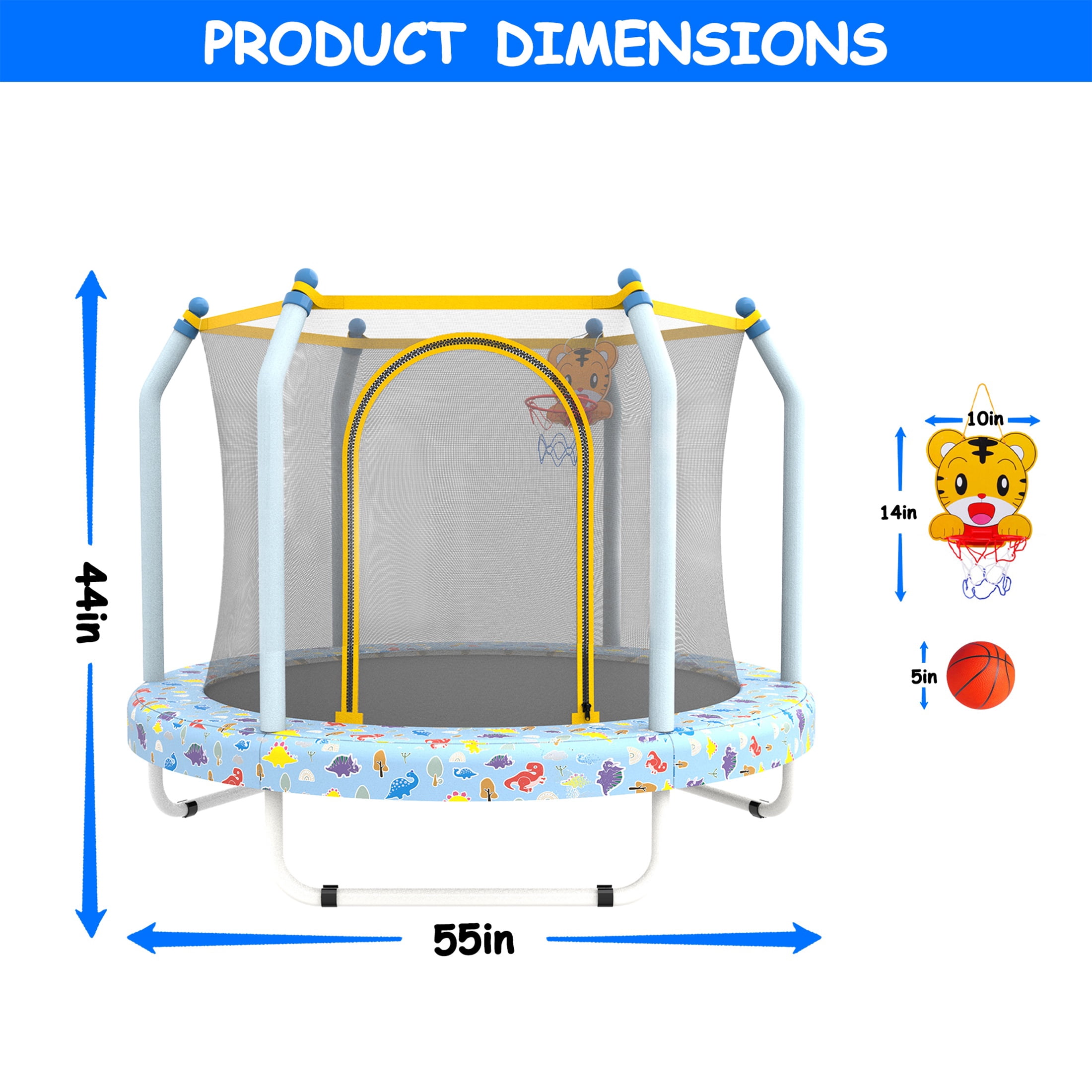 55" Toddler Trampoline with Enclosure Net, SHINPT Child's Mini Trampoline with Basketball Hoop, Round Recreational Tranpolines for Birthday Gifts, Kids Trampoline for Aged 3-6, Indoor & Outdoor