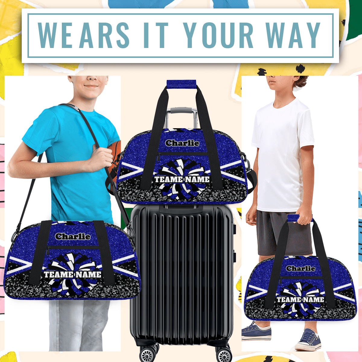 Personalized Cheerleader Bag Dance Bag, Custom Team Bag Gym Bag Sport Duffel Bag, Weekender Bags Travel Bag for Cheer Team Blue Glitter