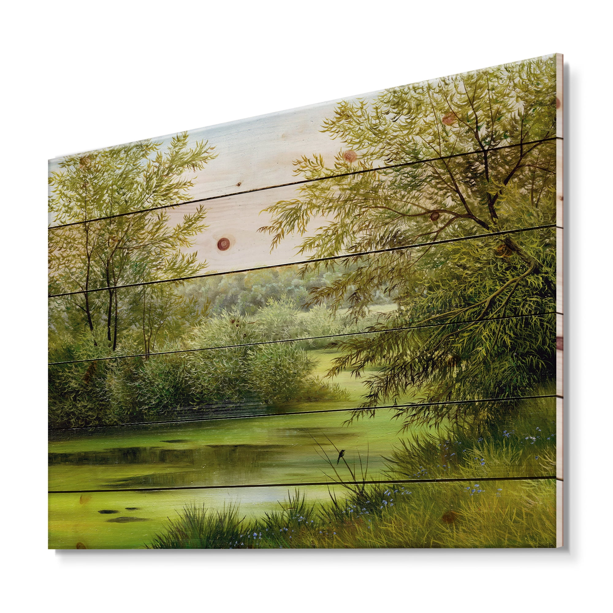 Designart 'Spring Trees With Green Pond' Country Print on Natural Pine Wood