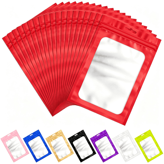 CCOCC 100Pcs Resealable Mylar Bags with Zipper and Frosted Clear Window Smell Proof Packaging Bags Foil Pouch Zipper Bag for Food Self Sealing Storage Supplies(Red,2.75×3.93)
