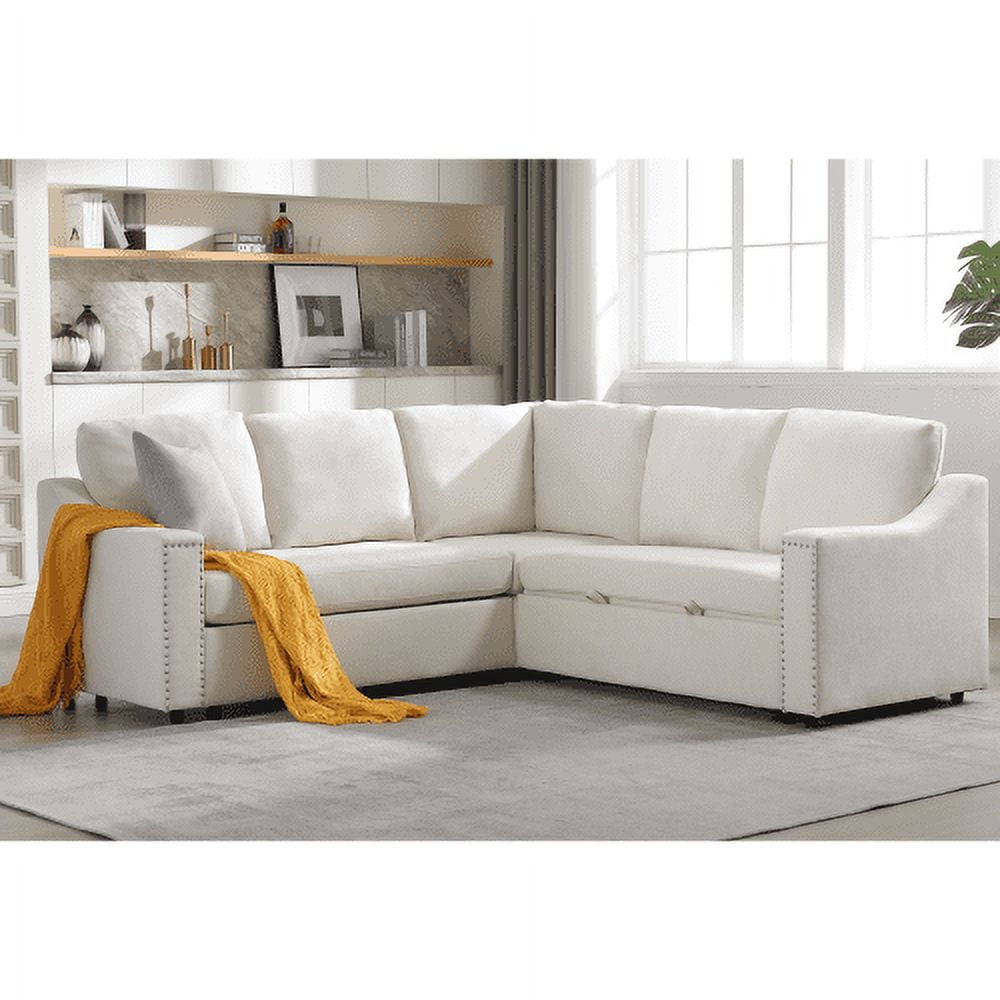 BSHTI L-Shaped Sofa with Pull-Out Sofa Bed,Corner Sofa,Living Room Furniture Set,Sleeper Sofa Bed,Corner Seat for Two with Broaching Sofa,Rivet DeChenille,Beige