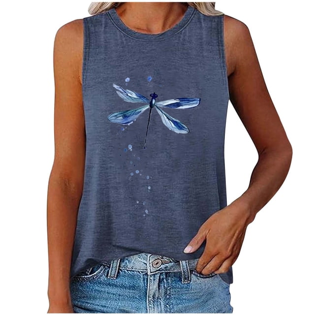 HNMKIU Cropped Tank Tops For Women Casual Basic Round Neck Tank Top With Print For Daily Wear Spring Summer Fall