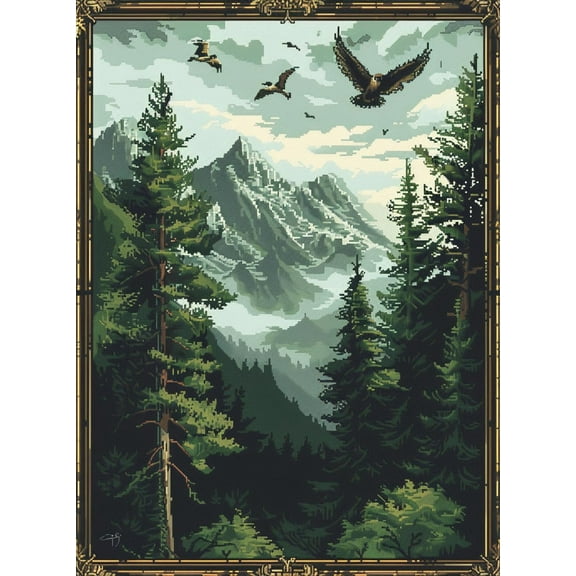 Green Forest with Birds Flying DIY 11CT Stamped Cross Stitch Kits for Beginners Easy Needlepoint Embroidery Counted Cross Stitch Art Craft for Wall Decoration 12x16inch(1)