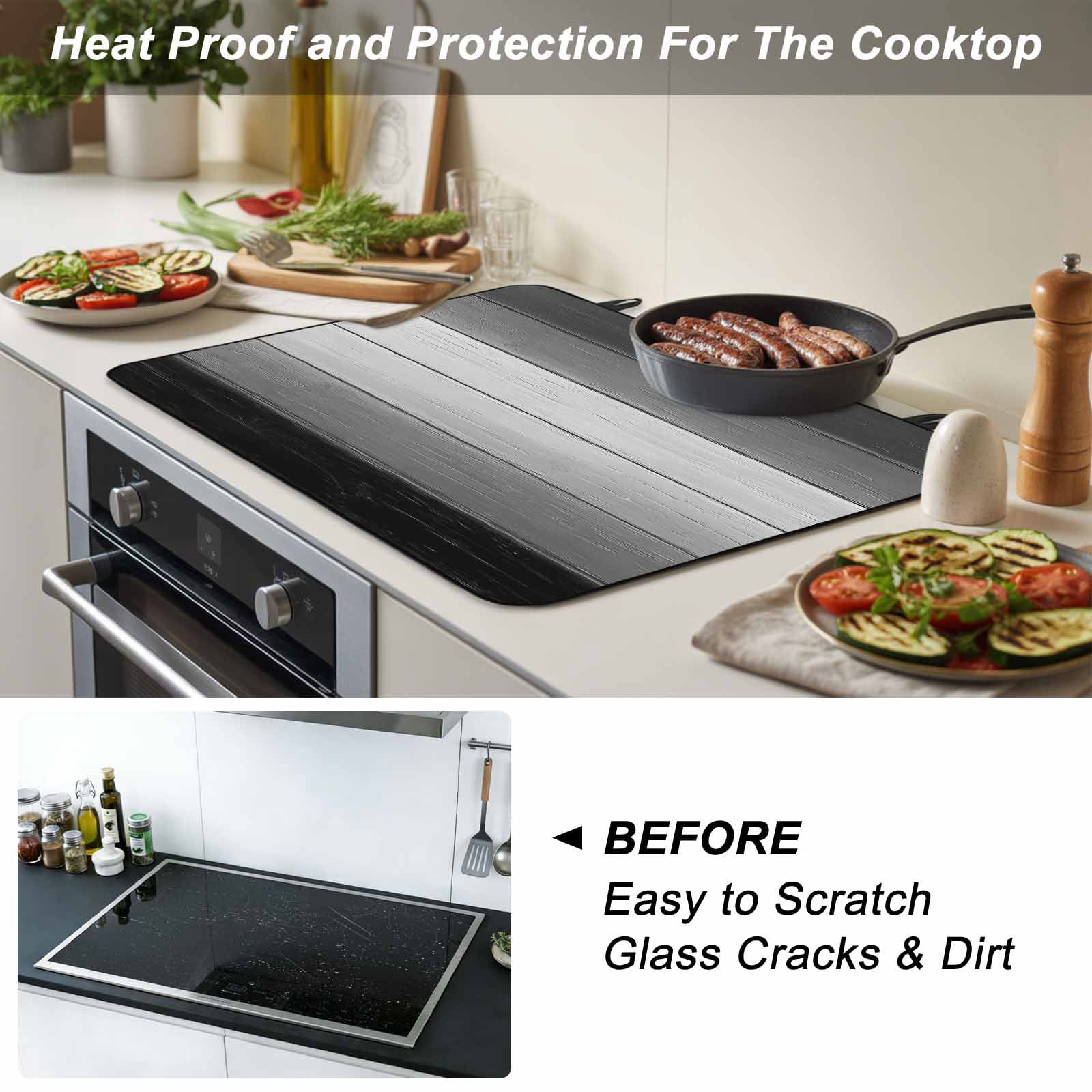 Black Gray Stove Top Cover for Electric Stove, Heat-proof & Non Slip Glass Top Stove Cover Protector, Farmhouse Vintage Gradient Wooden Plank Kitchen Flat Cooktop Rubber Mat 28.5x20.5 Inches
