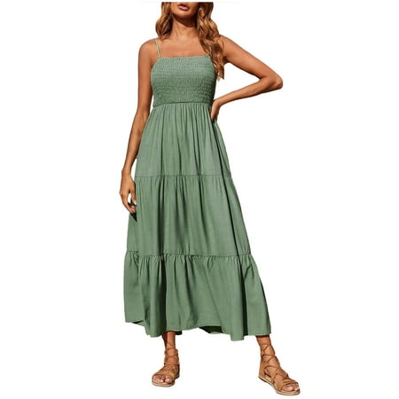 

YanHoo Women s Maxi Dresses Spaghetti Strap Sleeveless Ruffle Smocked Tiered Dress Linen Summer Solid Casual Swing Dress