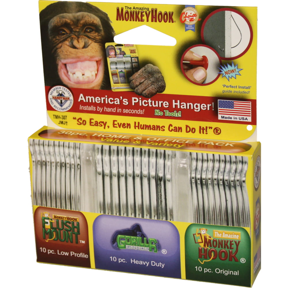 Monkey Hook Value & Variety Pack Galvanized Silver Monkey Picture Hanging Set 40 Pound 30