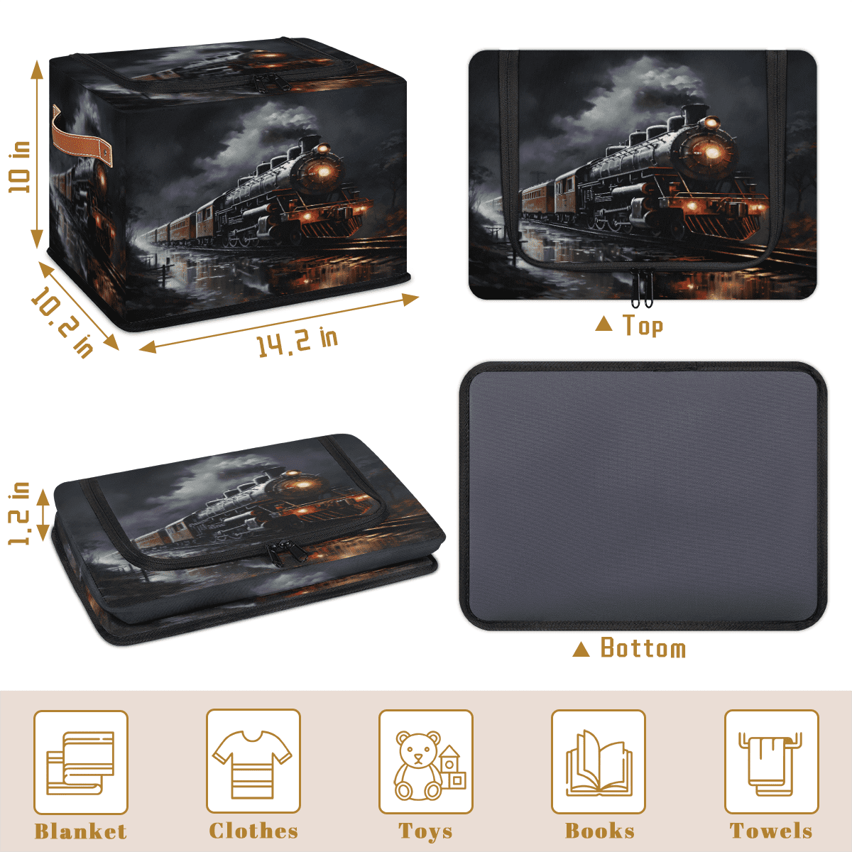 ADECORIVY Train Fabric Storage Bin with Lid, Decorative Closet Shelf Organizers, Steam Train Foldable Basket Box Clothes Storage Bin with Handles