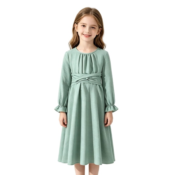 Angala Everyday And Party Dress For Girls Long Sleeve Crew Neck Solid Color Girls Back To School Dresses