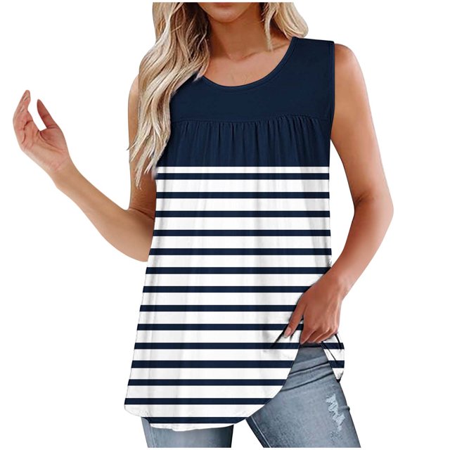 UPPADA Camisoles Mignonnes pour Femmes Tendance Col Rond à Fleurs Hauts d'Été Sans Manches Blouses Chic Décontracté Débardeurs Graphiques Bleu Marine,2TG