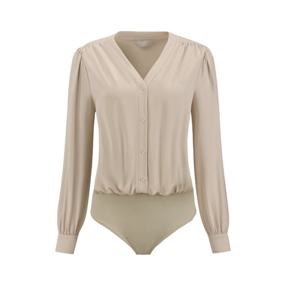 DARING DIVA Long Sleeve V Neck Classic Business Work Shirt Top L Beige
