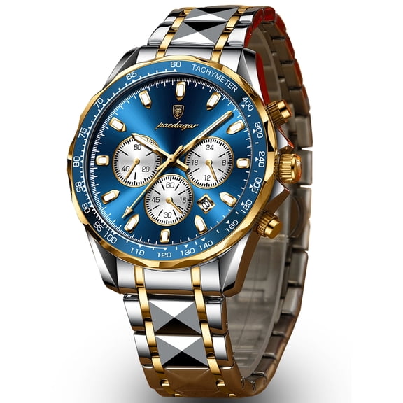 Poedagar Men's Two-Tone Stainless Steel Chronograph Watch - Blue Dial Luminous Waterproof Calendar Business Sport Quartz Wristwatch