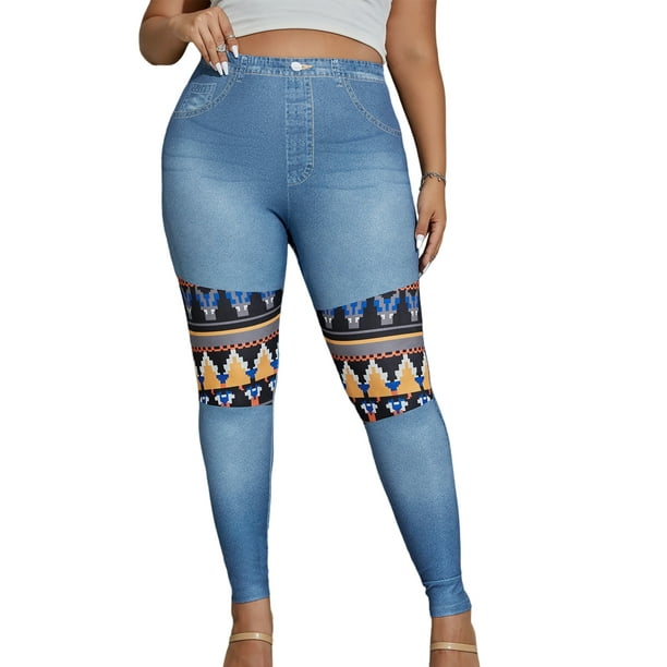 Jean Look Jeggings for Women Plus Size High Waist Stretch Denim Leggings  with Pockets Skinny Pull On Pants 1X-4X