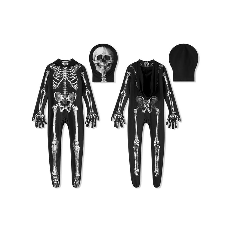Jkerther Unisex Halloween Skeleton Costume Hooded Jumpsuit Skull Skin Full  Body Tights Suit Cosplay Bodysuit for Women Men Kids 