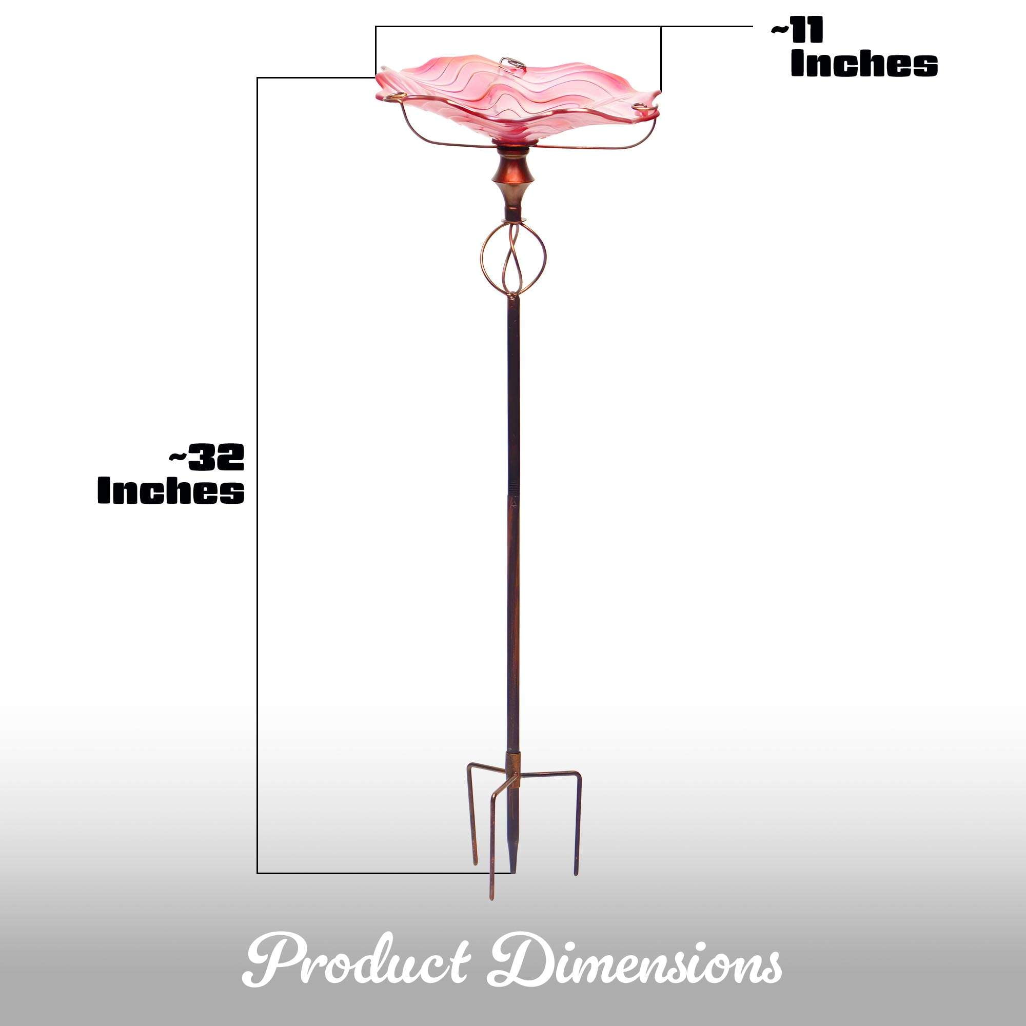 G128 32 Inch Height Glass Bird Baths with Metal Stake | Decorative Pink Outdoor Garden Bird Feeder