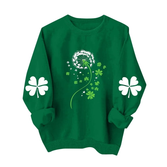 Womens St Patricks Day Tops Clover Shamrock Four Leaf Shirt Crewneck Long Sleeve Pullover Irish Green Sweatshirt Festival Tops
