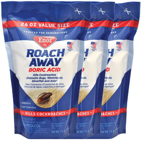 Enoz Roach Away Boric Acid Powder, Roach Killer, 24 oz Pouch, 3 Pack