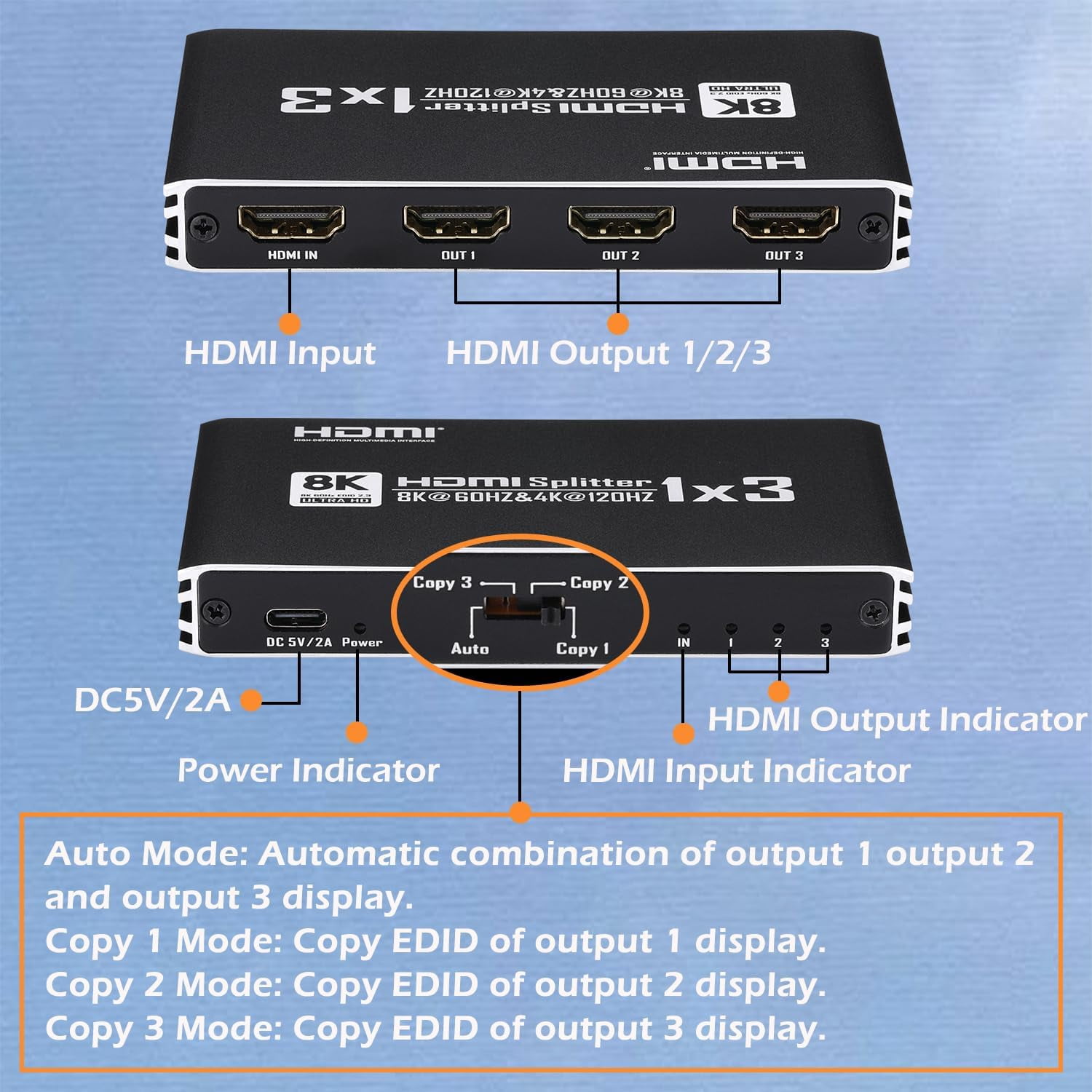8K@60Hz HDMI 2.1 Splitter Cable 1 in 3 Out 1x3, Support 4K@120Hz 1080P@240Hz 48Gbps VRR HDCP2.3 HDR HDR10 EDID Dolby Atmos 7.1ch Audio, Only Duplicate/Mirror Screens Not Extend