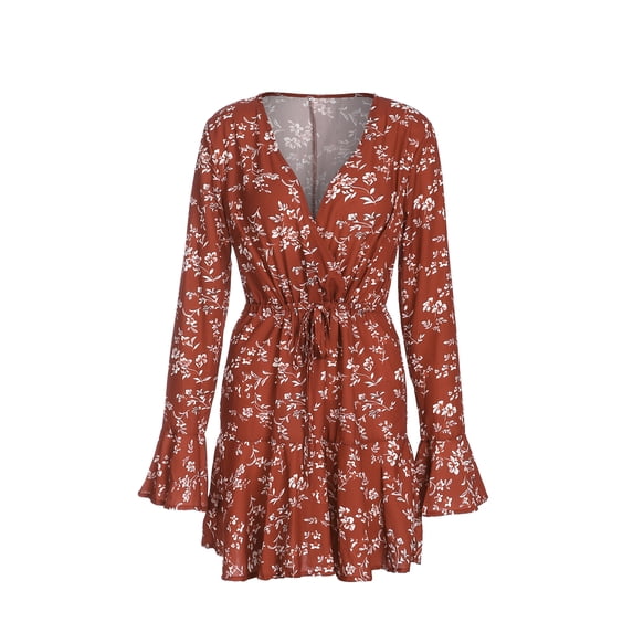 Women Boho Mini Dress Floral Printed Long Sleeve Deep V-Neck Loose Party Beach Short Dress