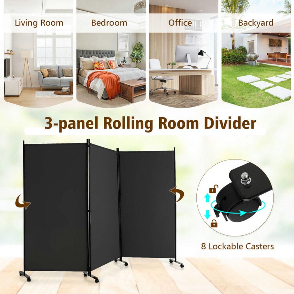 Resenkos Room Separator, Room Divider Panel,3 Panel Folding Room Divider with Lockable Wheels-Gray