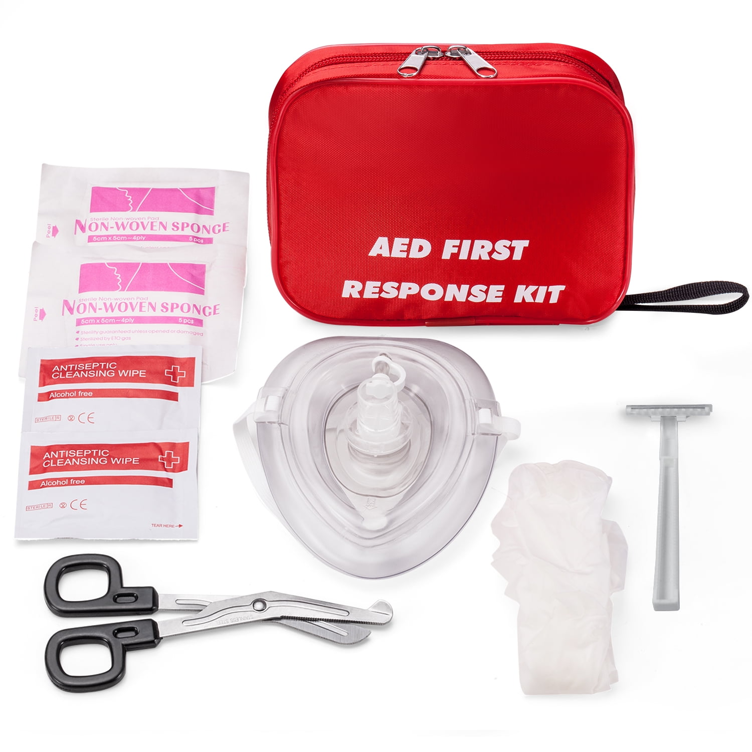 AED First Kit with CPR Gloves Razor Scissors Gauze Pads and Cleansing