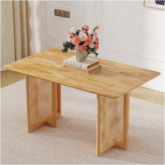 JERFIT Retro Farmhouse Dining Table, Solid Wood Kitchen Table with Rattan Style Legs for Dining Room, Living Room, Office