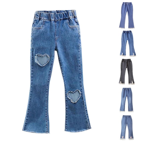 hoksml Girls Flared Denim Pants Solid Color Heart Print Comfortable Elastic Waistband Stylish Jeans (3-14Y)
