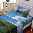 thumbnail image 2 of Ambesonne Nature Fitted & Top Sheet Set with Sham, Mountain Lake Scenery, Blue White Green, 2 of 5