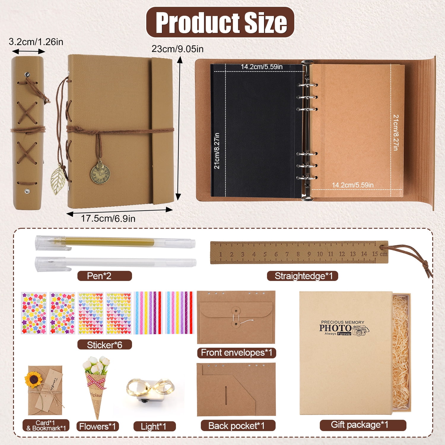 TJT 104 Pages Scrapbook Album, Self Adhesive Photo Album DIY Photo Book, Leather Memory Book for Wedding Baby Family Travel Birthday Christmas Khaki