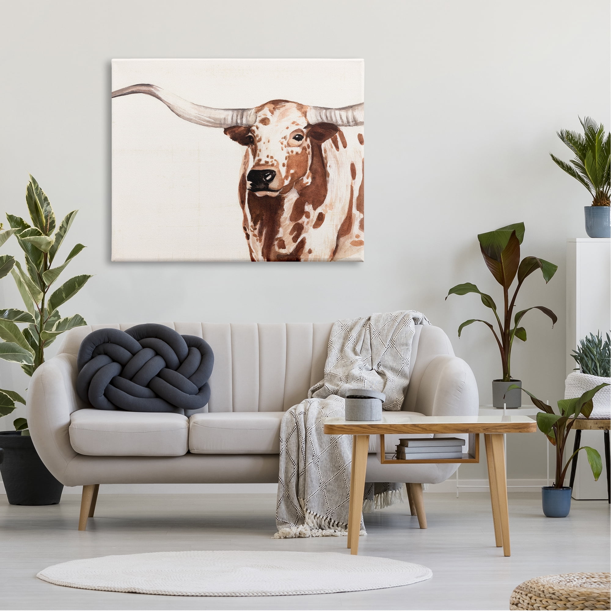 Stupell Industries Spotted Longhorn Cattle Smiling Brown Country Cow Canvas Wall Art, 48 x 36, Design by Annie Warren