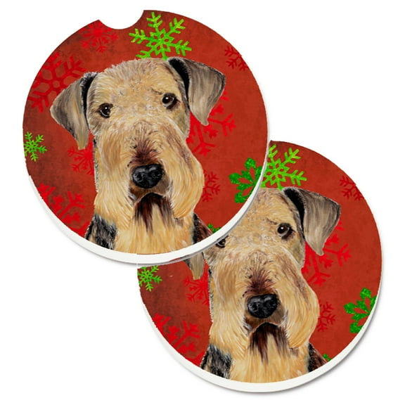Airedale Red and Green Snowflakes Holiday Christmas Set of 2 Cup Holder Car Coasters