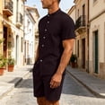 thumbnail image 5 of LTTVQM Men Loose Casual Plain Cotton Linen Stand Neck Button Shirt Elastic Drawcord Relaxed Short Pant Daily Summer Outfit Suit Wine 3XL, 5 of 6