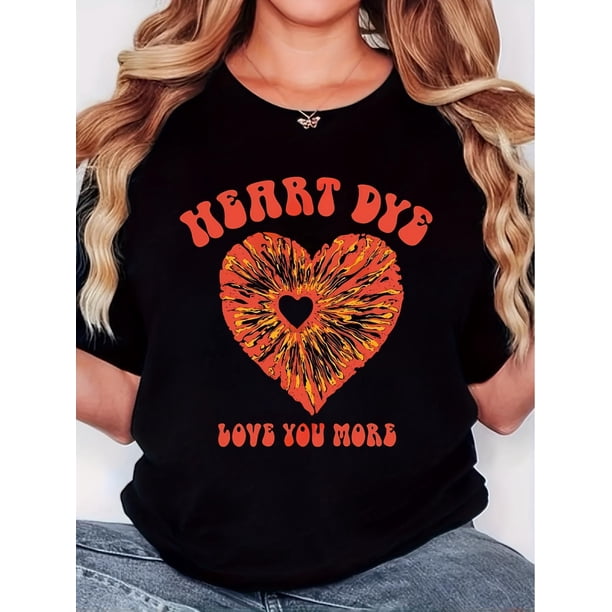 Women's Heart Dye Love You More Graphic T-Shirt, 100%, Casual Crew Neck Tee, Regular Fit, Short Sleeve, Geometric Pattern, Knit Fabric, for Spring/Summer