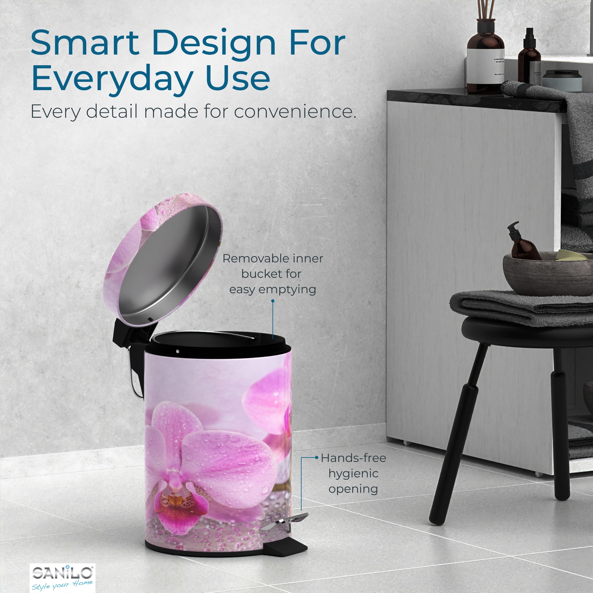 Sanilo Trash Can 1.3 Gallon with Soft Close, Many New Cosmetic and Kitchen Waste Bins Available, Bathroom Bin with Inner Bucket (Blooming)