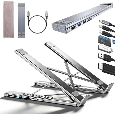 8 In 1 Usb C Laptop Docking Station Stand With 4k Hdmi 100w Pd And 5 Usb Ports Foldable Multiport Adapter For Usb C Laptops Home Office (Silver)