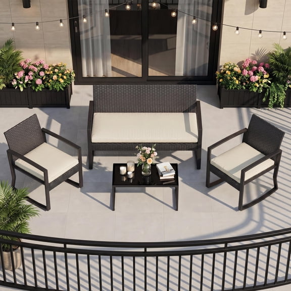 4 Piece PE Rattan Patio Set, Outdoor Rocking Chair Conversation Set with Coffee Table and Cushions, All-Weather Wicker Furniture for Patio, Porch, Backyard, Black and Beige