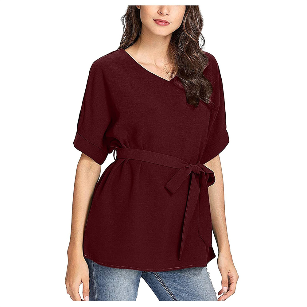Womens Casual V Neck Tops Shirt, Solid Basic Belted Work Bussiness Top, Short Sleeve