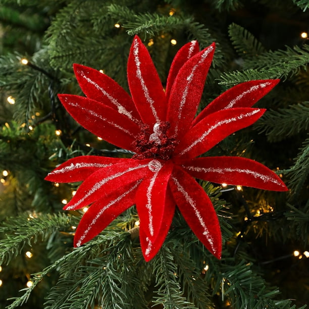 Flores navideñas de tela | Decoraciones florales artificiales secas | Adornos colgantes rojos y verdes para árboles de Navidad y fiestas