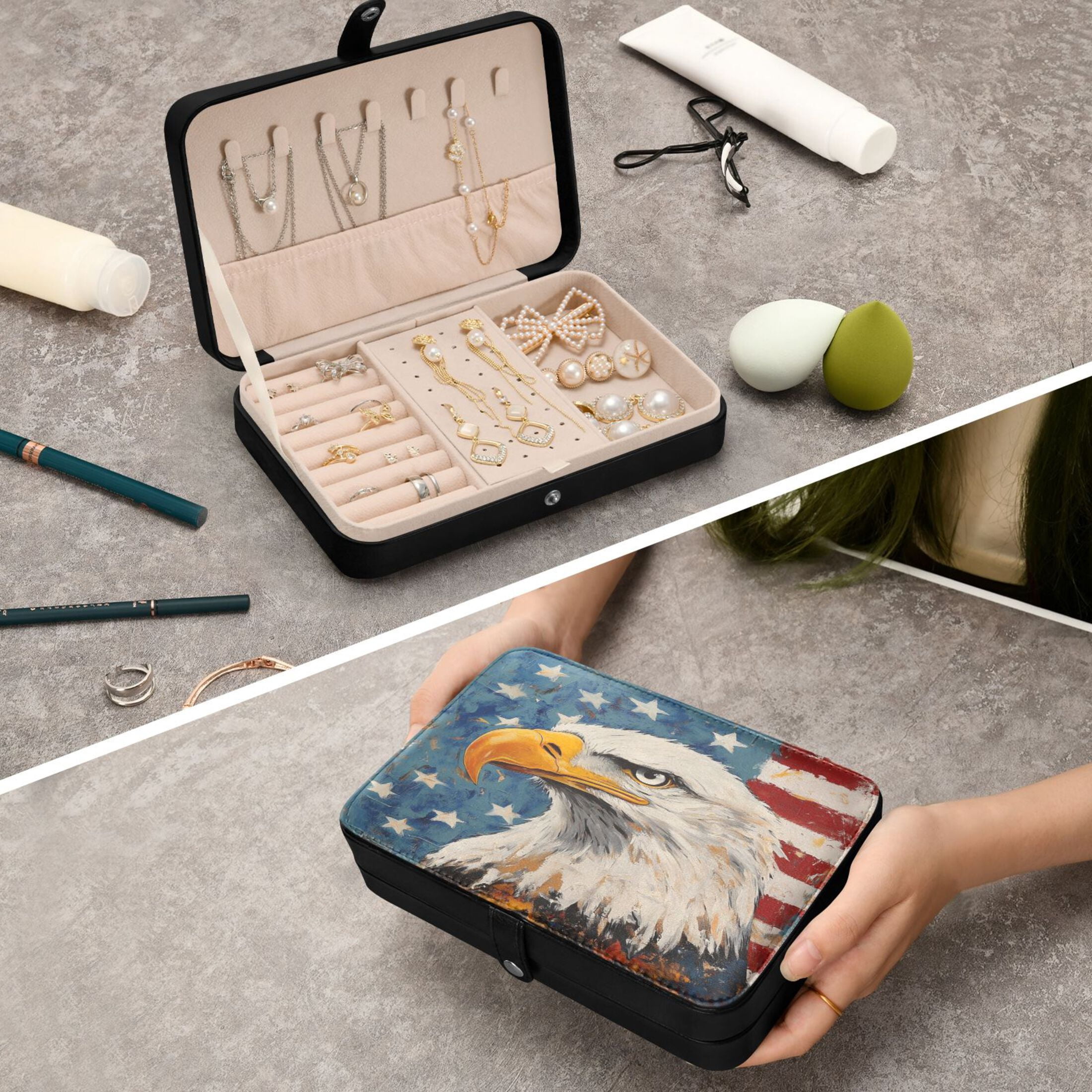 Leather Jewelry Box Rectangular 8.27x5.5x1.78In Travel Jewelry Storage Earrings Necklace Bracelet Watch Brooch Storage Eagle Pattern