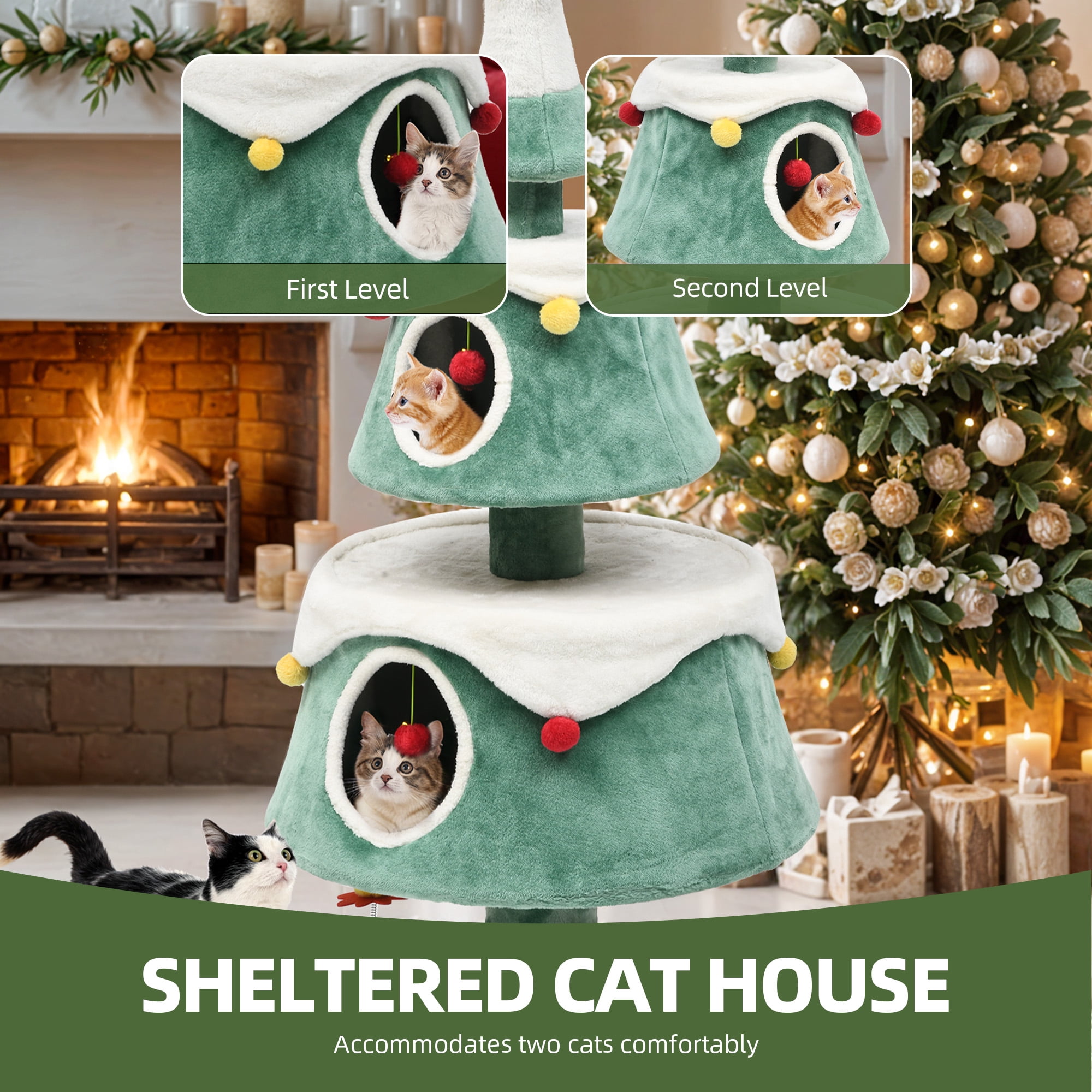 Uforic 63" H Large Christmas Cat Tree,2 Cat House with Plush Ball, Green+White