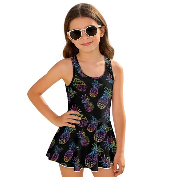 Uourmeti Neon Pineapple Line Art Skirted One Piece Swimsuit for Girls - Quick Dry, Stretchy Swim Dress for Beach & Pool Vacations