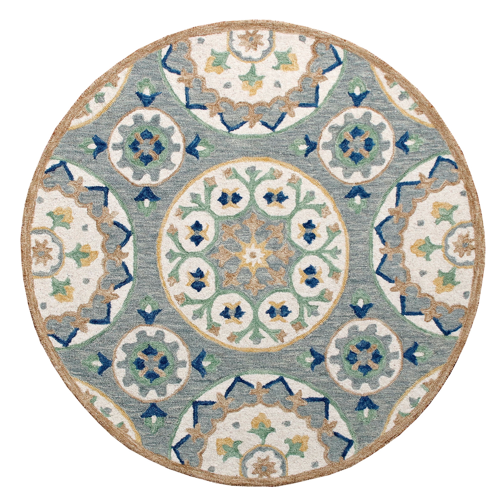 Ox Bay Clio 7'3" Round Gray/Beige Suzani Wool Indoor Area Rug